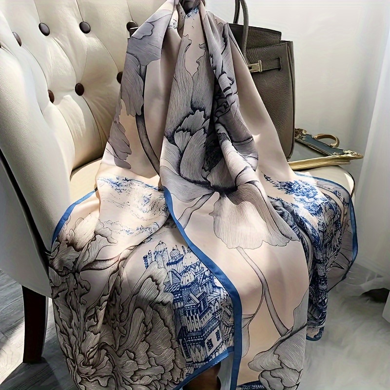 Large Brocade Peony Print Scarf - Luxurious Satin Women's Shawl - Soft, Skin-friendly Scarf For Spring/summer Beachwear - Stylish, Lightweight, Breathable