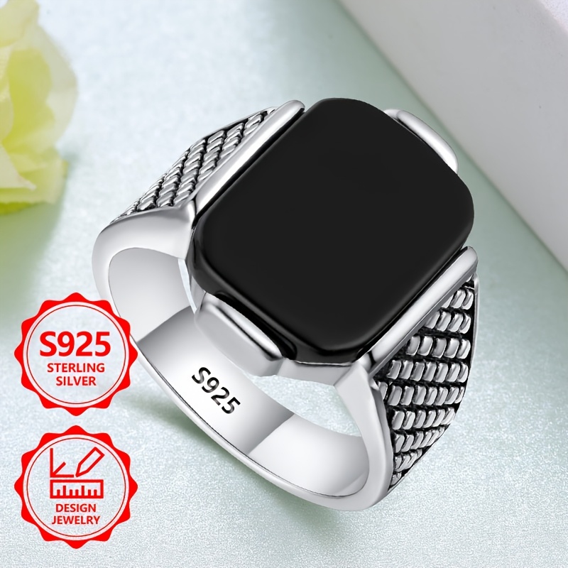 Image of 925 Sterling Silver Pm:d20 Women's Exquisite Fashion Ring, Elegant And Stylish, Inlaid With Black Agate, Suitable For Daily Wear, The Commemorative Gift For Family Or Girlfriend
