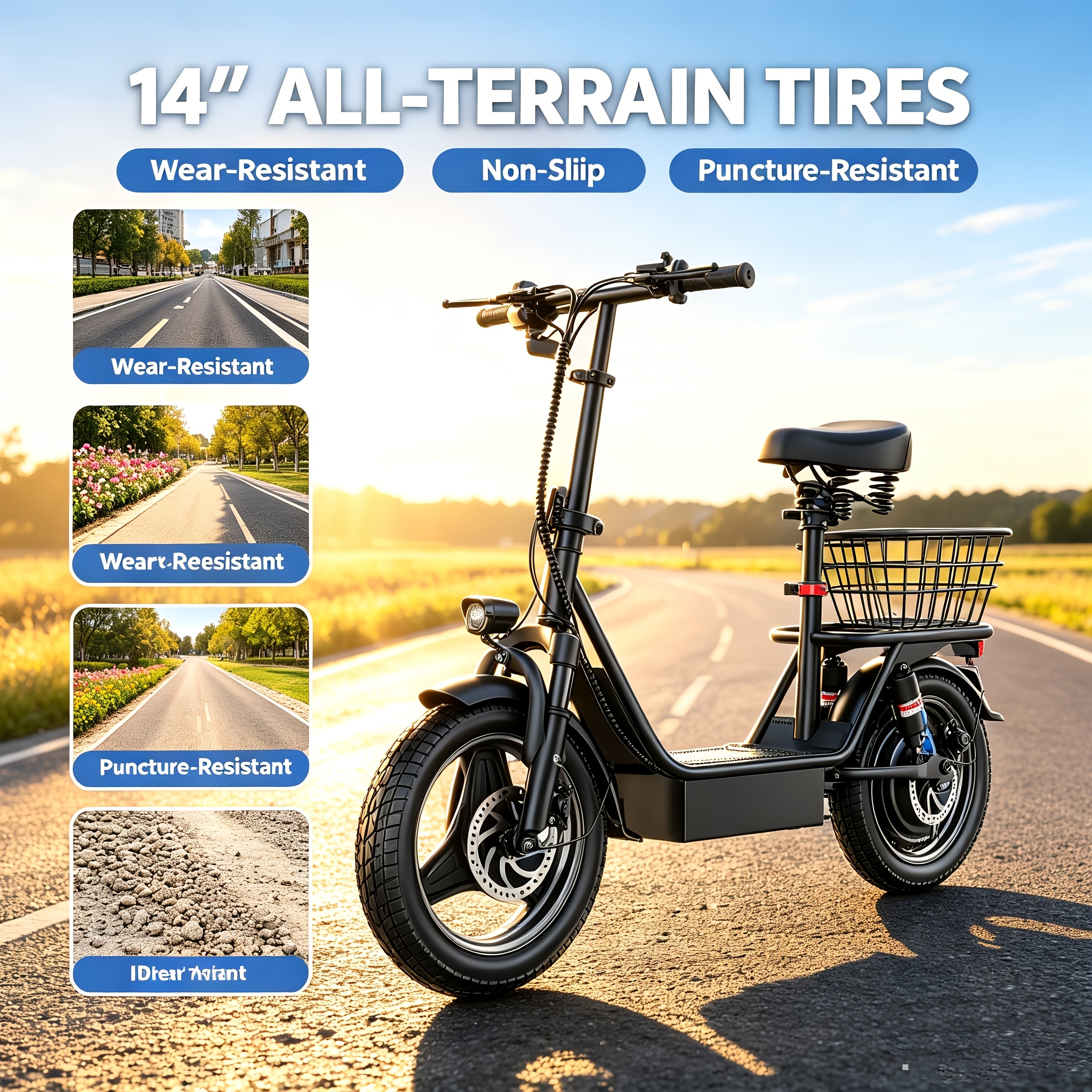 TEMU 650w Motor Electric Scooter, 14'' Electric Scooter, 48v 15a&25mph, Large Deck Electric Scooter With Seat, Brake Light, 3-speed, Dual Brakes And