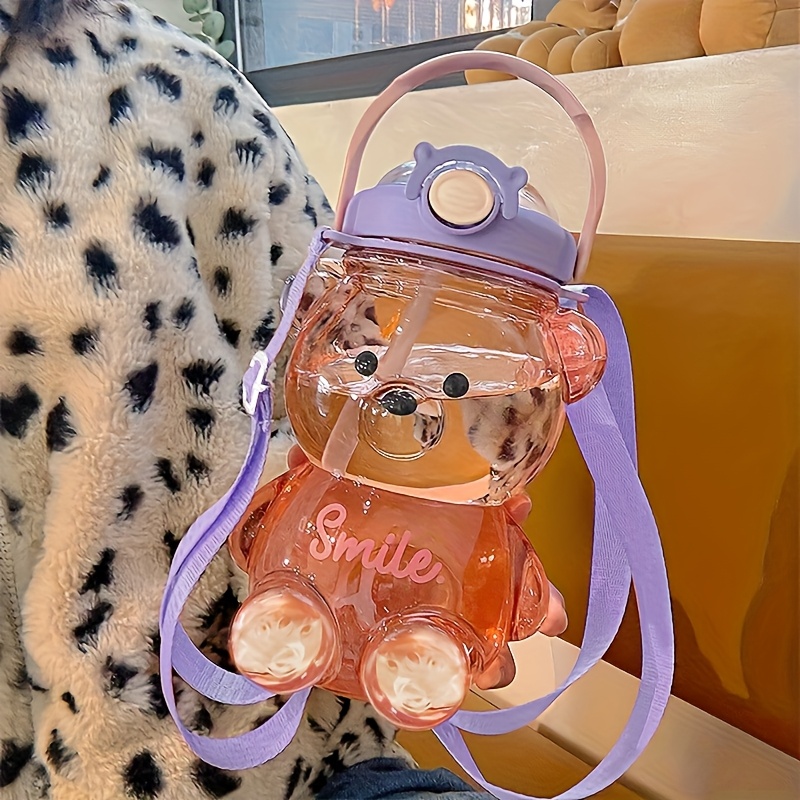 Image of 1pc 34oz/1000ml Cute Bear Handheld Water Bottle, Large Capacity Plastic Water Jug With Straw, For Milk, Tea, Etc
