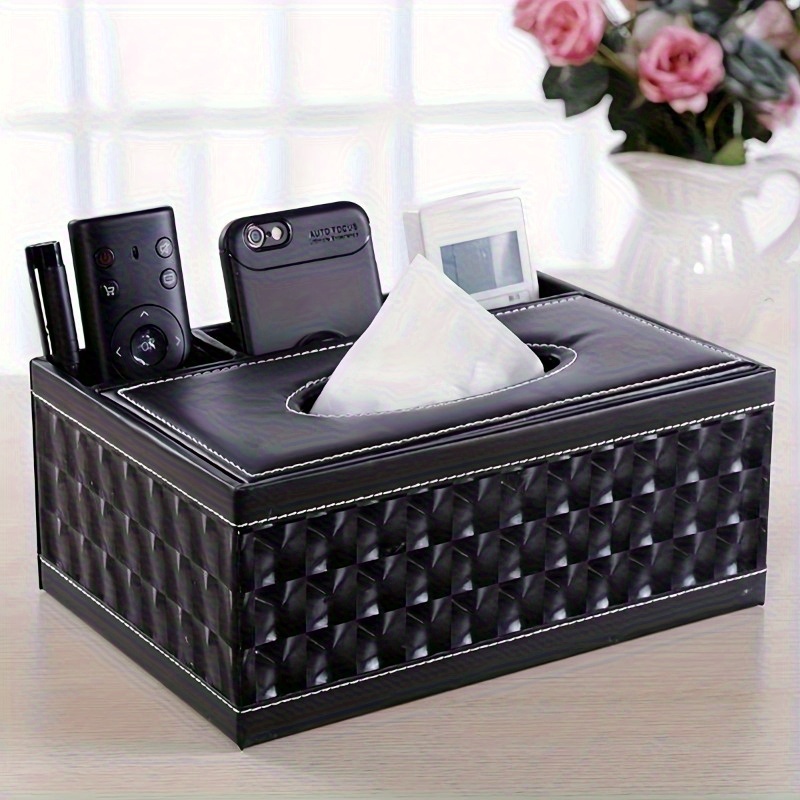 This Luxurious Multifunctional Faux Leather Box For Tissues And Storage Features 4 Sections. Ideal For Table And Living Area, It With A Remote Control Holder And Napkin Organizer