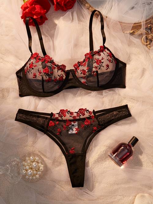 Artikelbild blumenbesticktes set im europäischen amerikanischen stil, bügel-bh mit mittlerem halt, einlagig gerafft, dreieckiger netz-slip mit niedriger taille, halbtransparenter bh slip, romantisches, eng anliegendes dessous-set für paare, das weiblichen charme zur geltung bringt