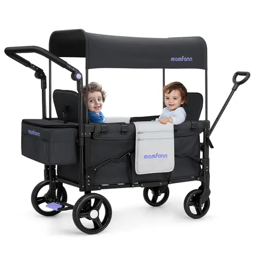 double seats stroller wagon for 2 kids foldable all terrain wagon stroller with canopy detachable tray adjustable handle large storage space collapsible wagon folding wagon cart with removable canopy 4 wide large all terrain wheels