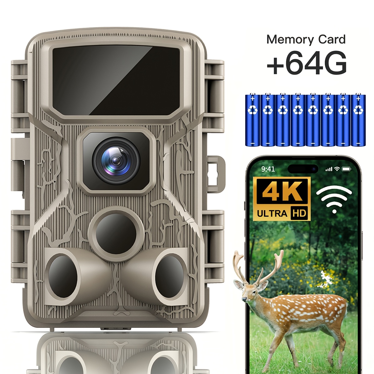 Image of Trail Camera Wifi 4k With 64gb Memory Card 8 Batteries And Night Vision Ip67 Waterproof 130°wide Angle 0.1s Trigger Speed For Outdoor Wildlife Detection, Monitoring Game Cam