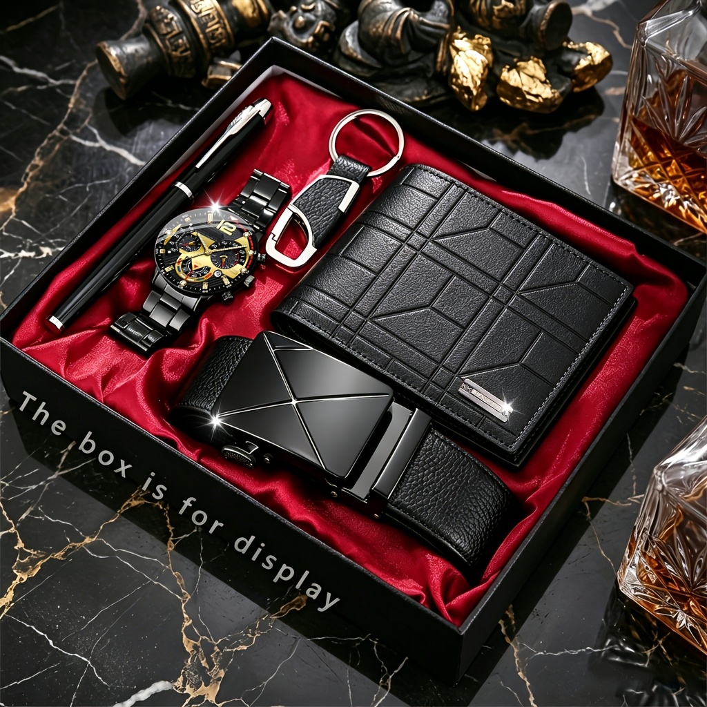 5pcs *'s Business Fashion Gift Set, Including a Luxurious and Versatile *'s Watch + Wallet, Belt, Ballpoint Pen, and Keychain Set. Featuring a Meticulously Designed Stylish Watch Face, * * Gift for Him