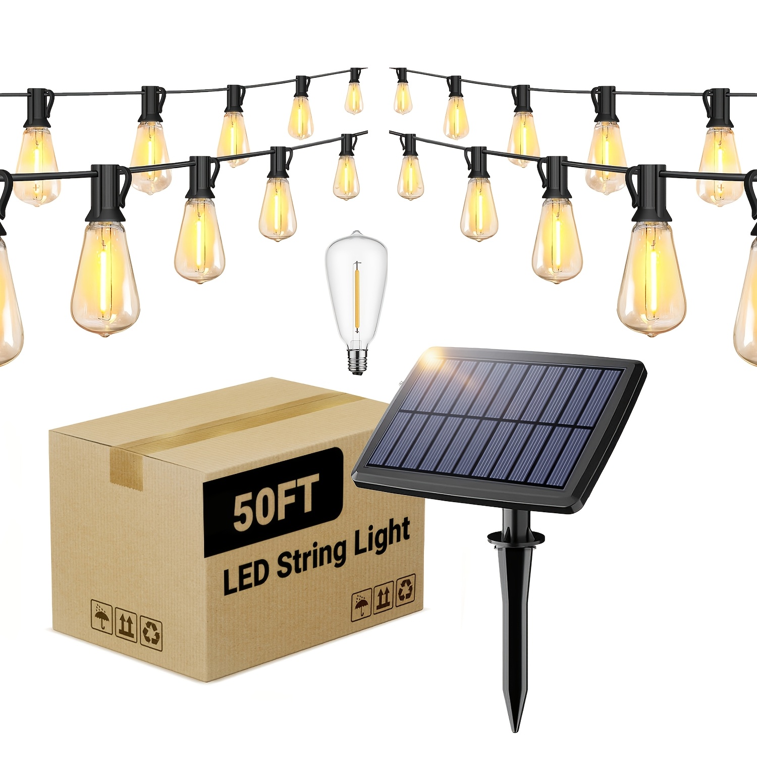 TEMU 100ft Solar String Lights Outdoor With Ip44, 2700k Soft Warm Patio Lights With 25 Shatterproof St38 Tear-drop Led Filament Bulbs,