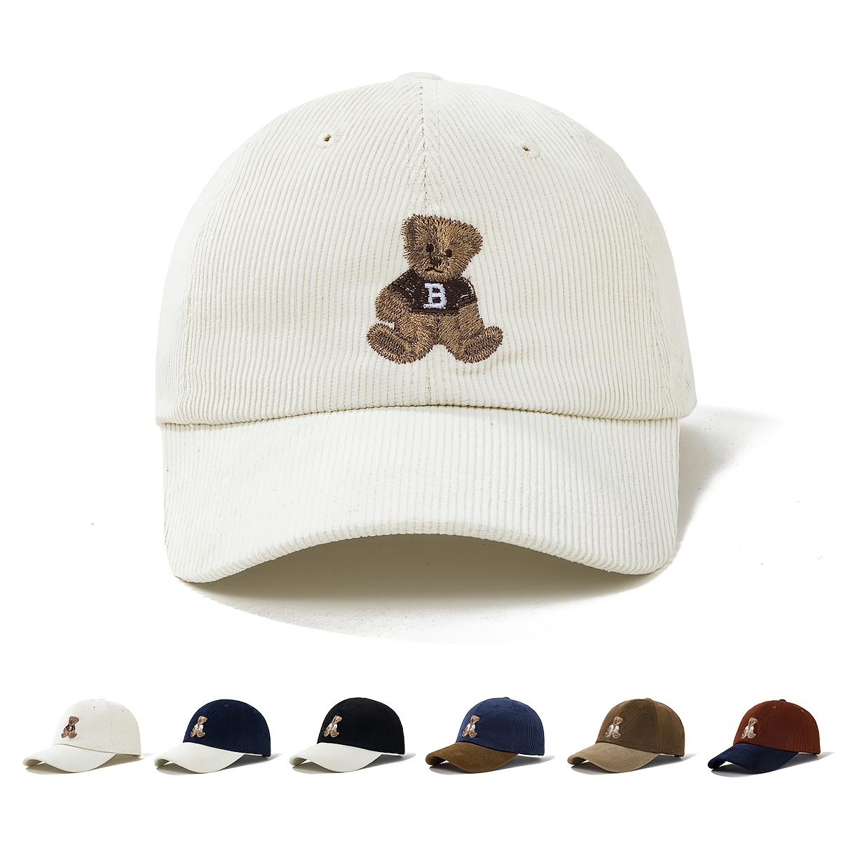 

1pc Xlamulu Men's Casual Cotton Baseball Cap With Cute Sitting Bear Embroidery, Dual-tone Corduroy, Warm And Fashionable, Hand Wash Only