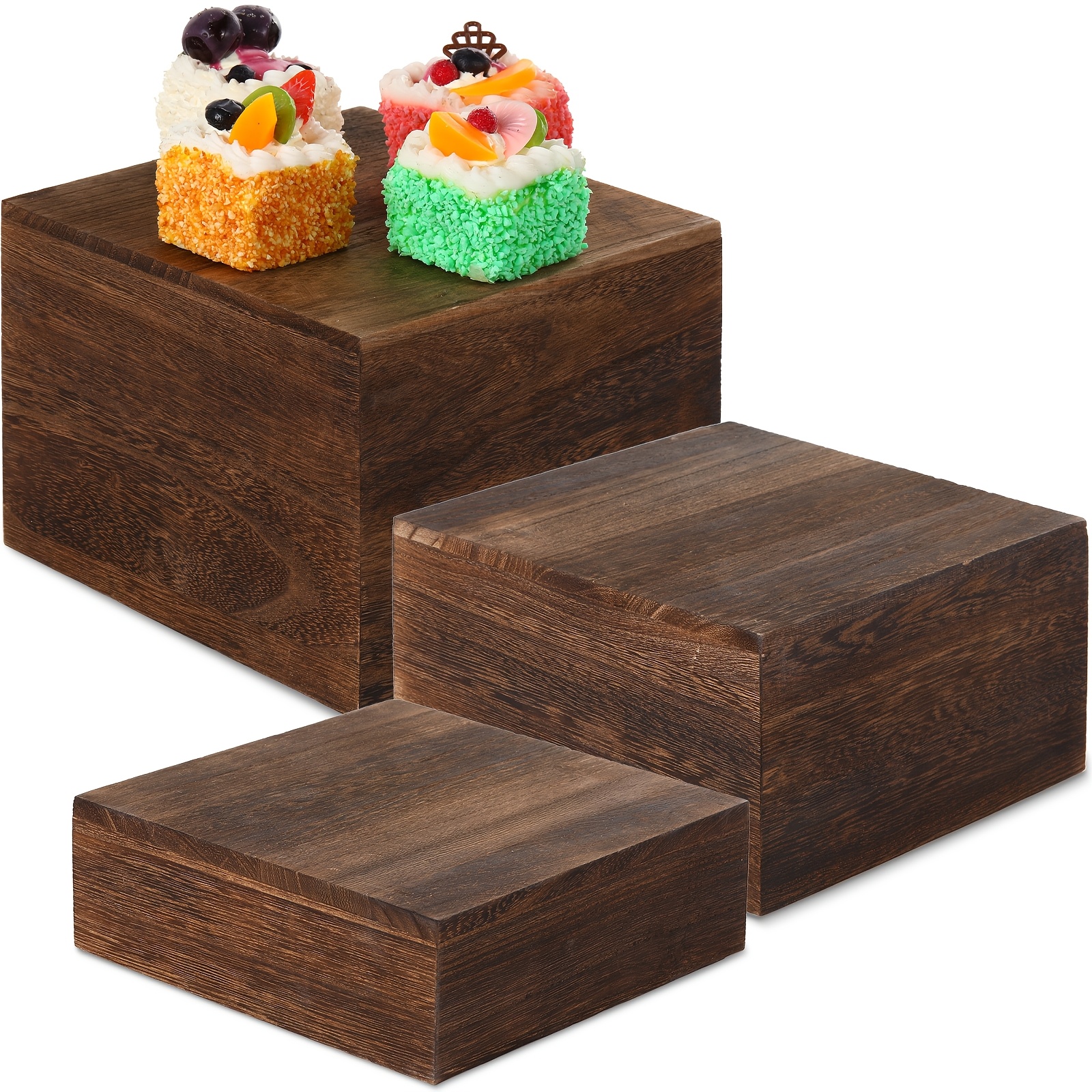 TEMU 3pcs Wood Cupcake Stand Stackable Square Display Stand Risers Rustic Wooden Display For Dessert Appetizer Storage Organizer Birthday Wedding Party