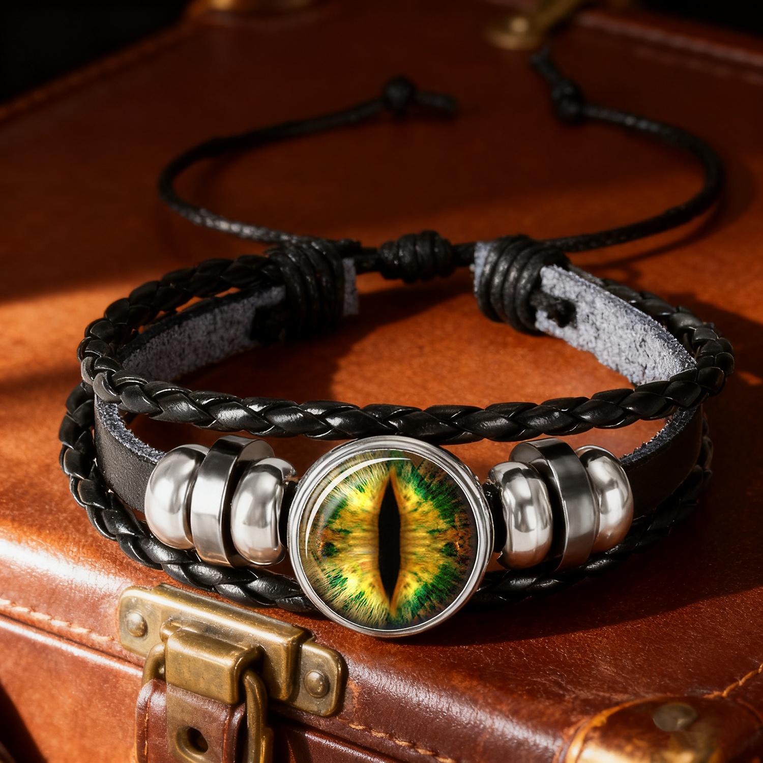 TEMU 1pc Packaging, Men's Bracelet, Featuring Design With A Colored Glass Pattern Base. -up Of An Animal Eye With Mysterious Green Pupils And Deep,