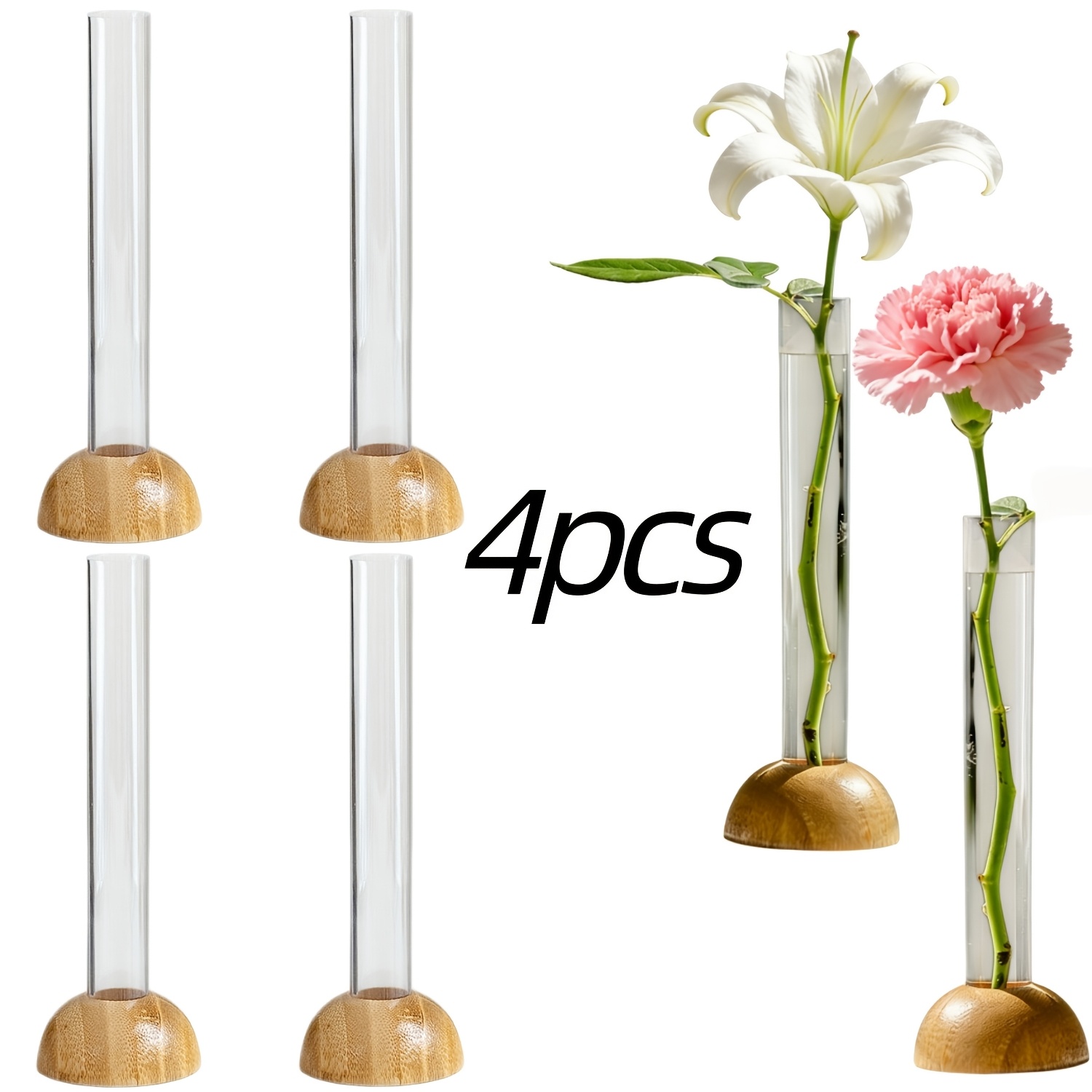 TEMU 4-pack Clear Small Transparent Glass Tubes Bamboo Base Vase Desktop Floral Arrangement Suitable For Living Room Bedroom Bathroom Fresh Flower