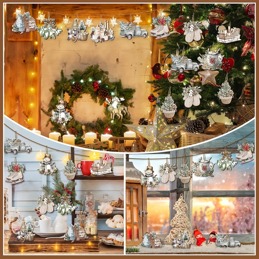 

24pcs Plywood Christmas Hanging Ornaments Set, Decoration Pendants For , , Decor - Assorted Wooden Pre-cut Holes For Hanging