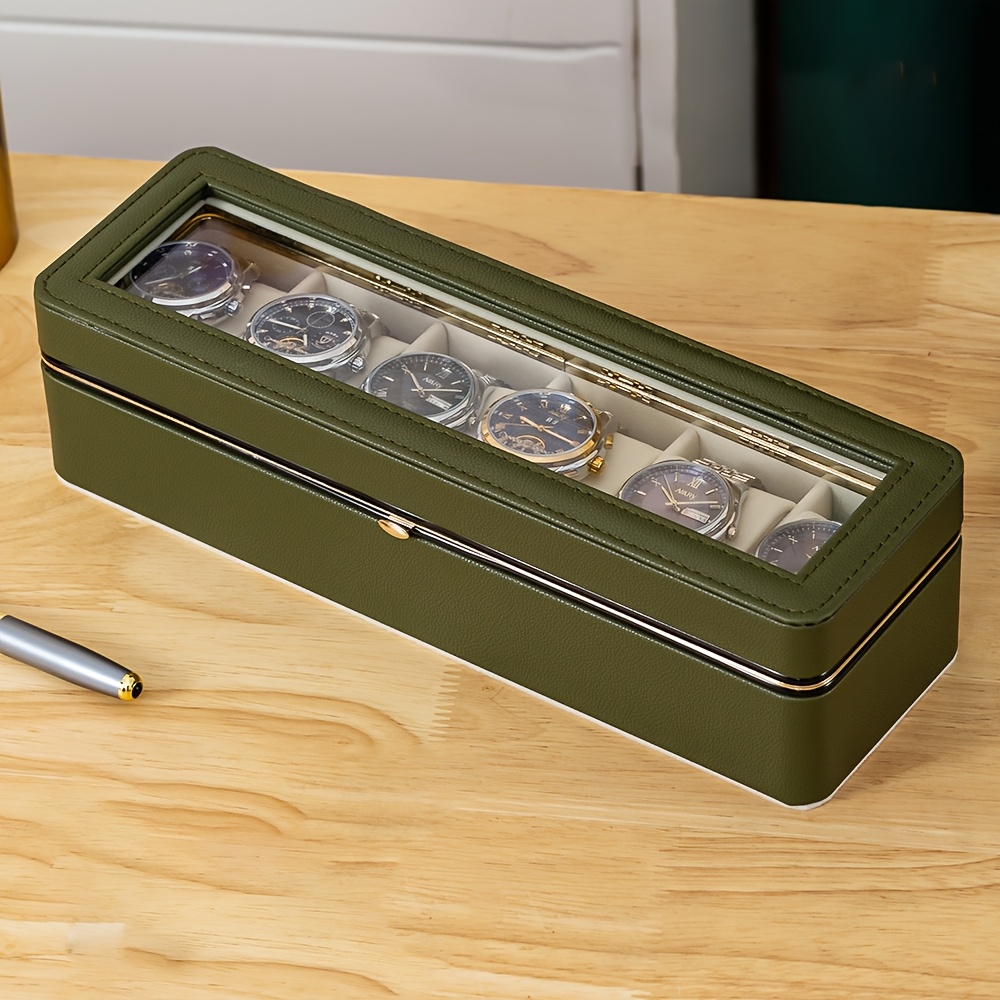 Image of Luxury 6-compartment Watch Storage Box With Clear Lid - Spacious Storage For Men's And Women's Mechanical And Quartz Watches. This Jewelry Display Box Features A Textured Black Exterior And Is Portabl