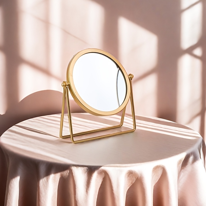 Image of 1pc Adjustable Full-length Folding Mirror With Rotating Round Frame - Iron & Luxury Table Mirror For S,, - Space- Dressing Table Mirror For Bedroom, Dorm, Bathroom, Salon (tabletop Or Wall)