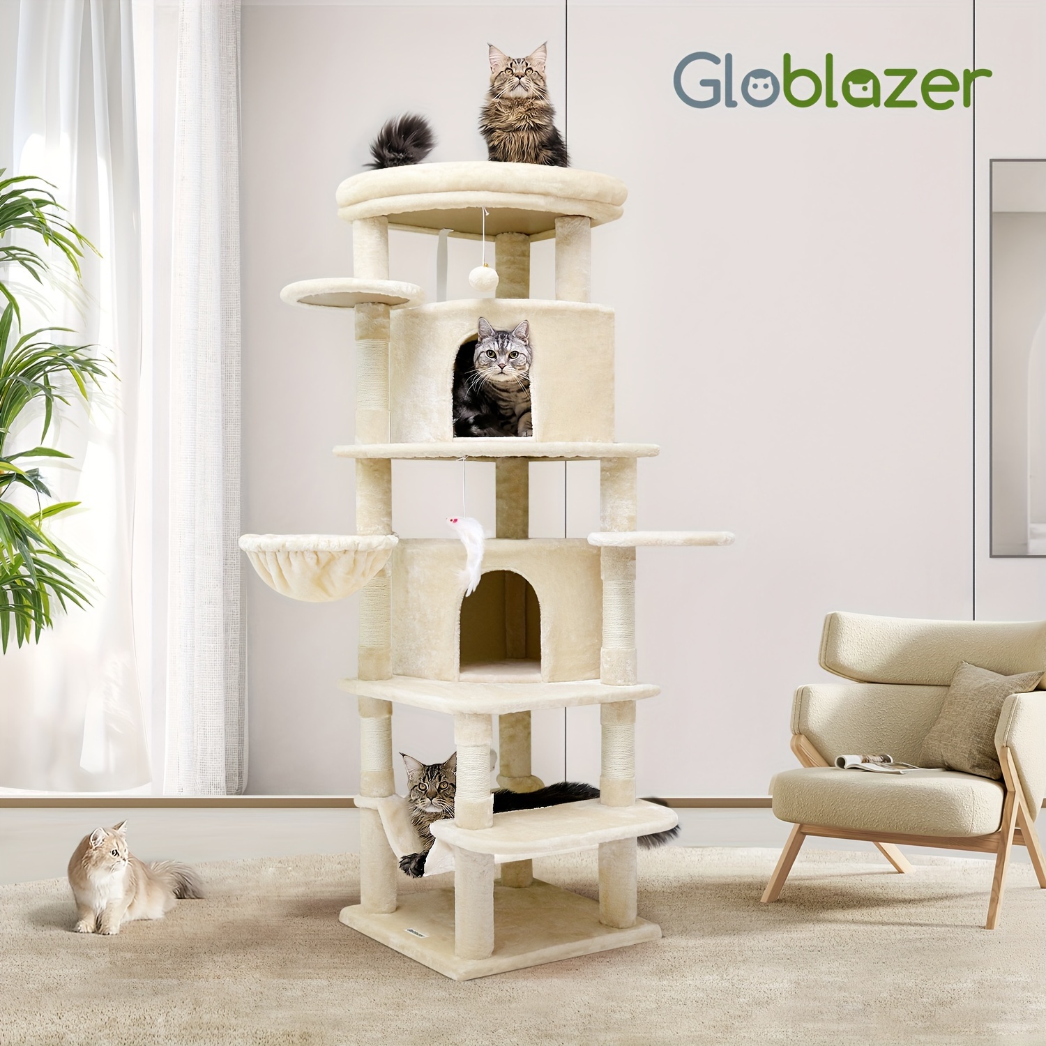 

66inch Large Cat Tower, Curved Series Trees And Towers For Large Indoor Cats With Condos, 6 Scratching Posts, ,