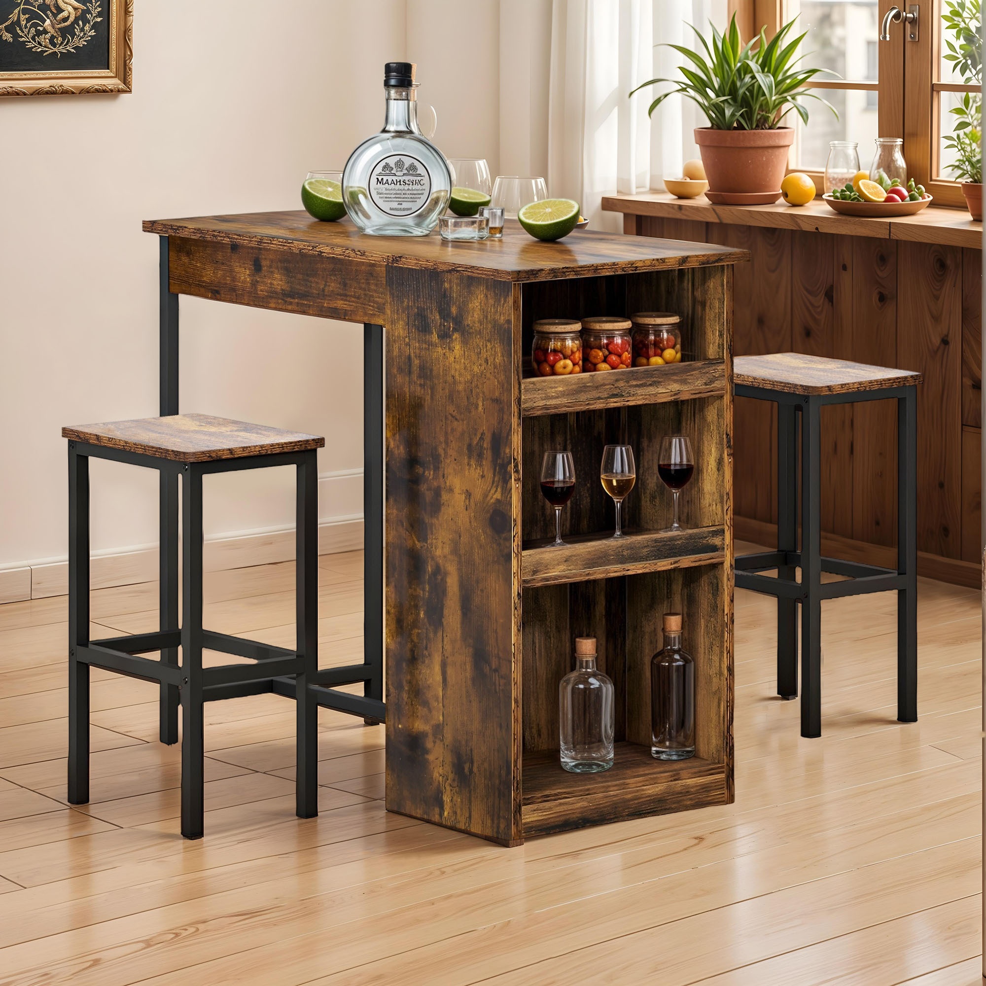conjunto de bar compacto para     bancos e prateleira de 3 níveis (  de refeição  )