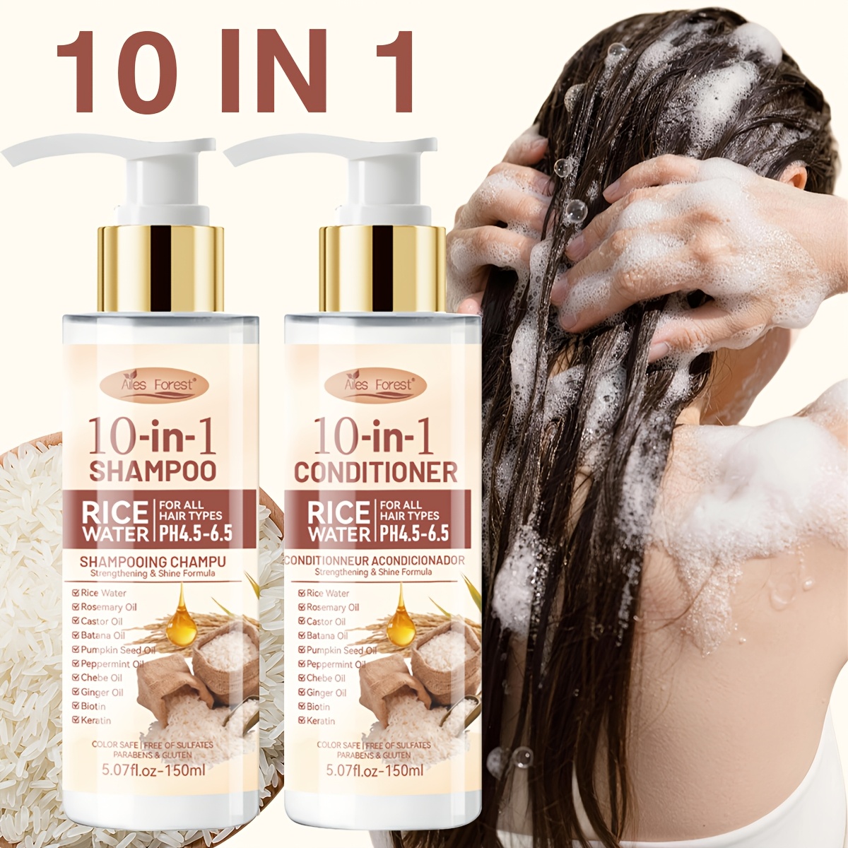 TEMU 10 In 1 Rice Water Hair Shampoo And Conditioner Set, 10 In 1 Biotin Keratin Shampoo For Hair Health, Strengthening Repairing Shampoo For Dry Damaged Hair, Sulfate Care Products For All Hair Types