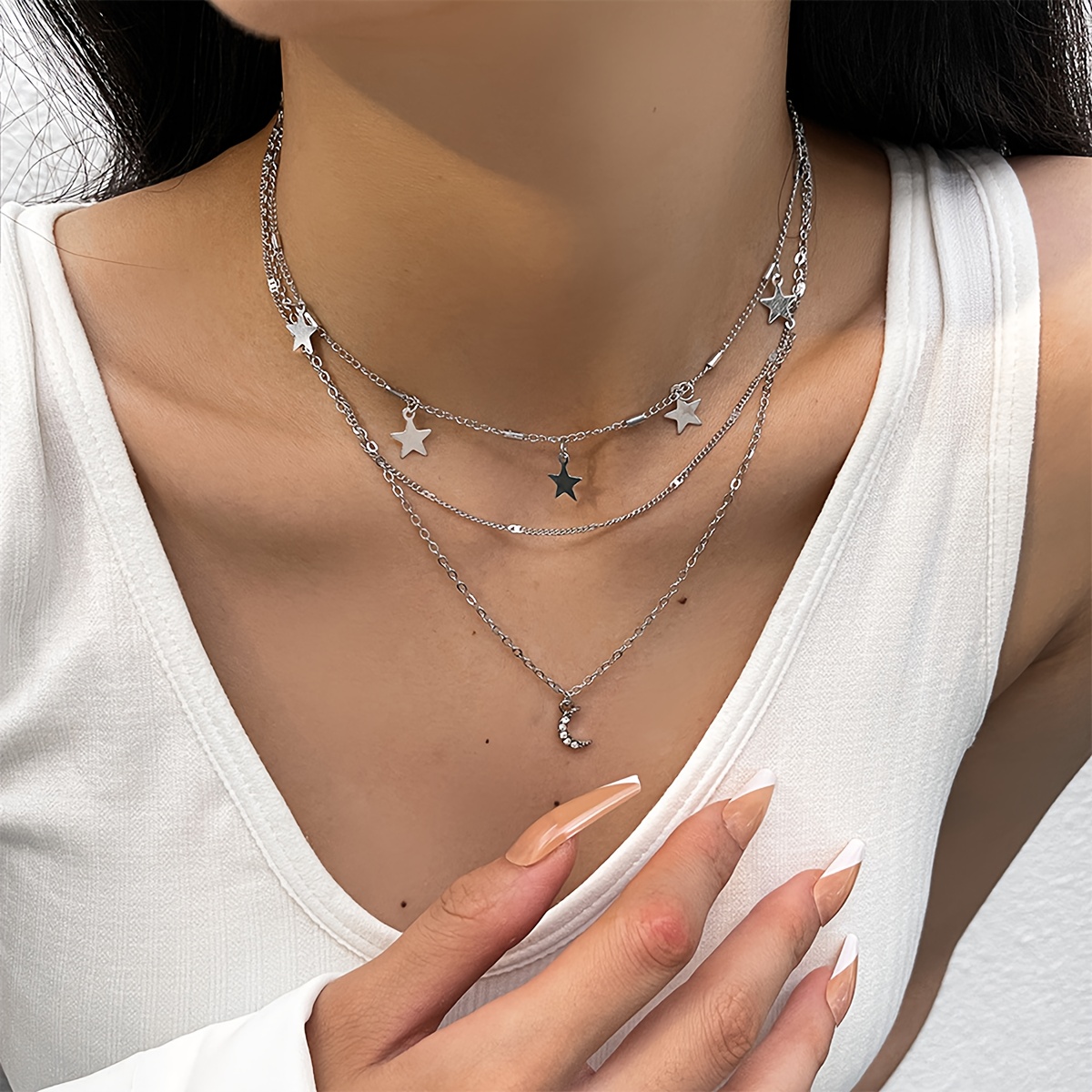 TEMU 1pc Chaîne en Fer Alliage Pendentif Strass Incrusté Gland Collier Trois Couches Rétro Facile Décontracté Étoile à Branches Gland Pendentif Lune