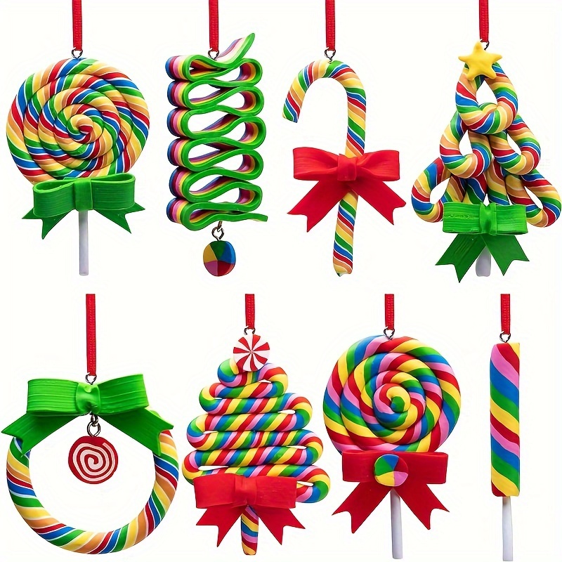 

8pcs Rainbow Ornaments - Polymer Clay Candy Decorations For Tree & Party