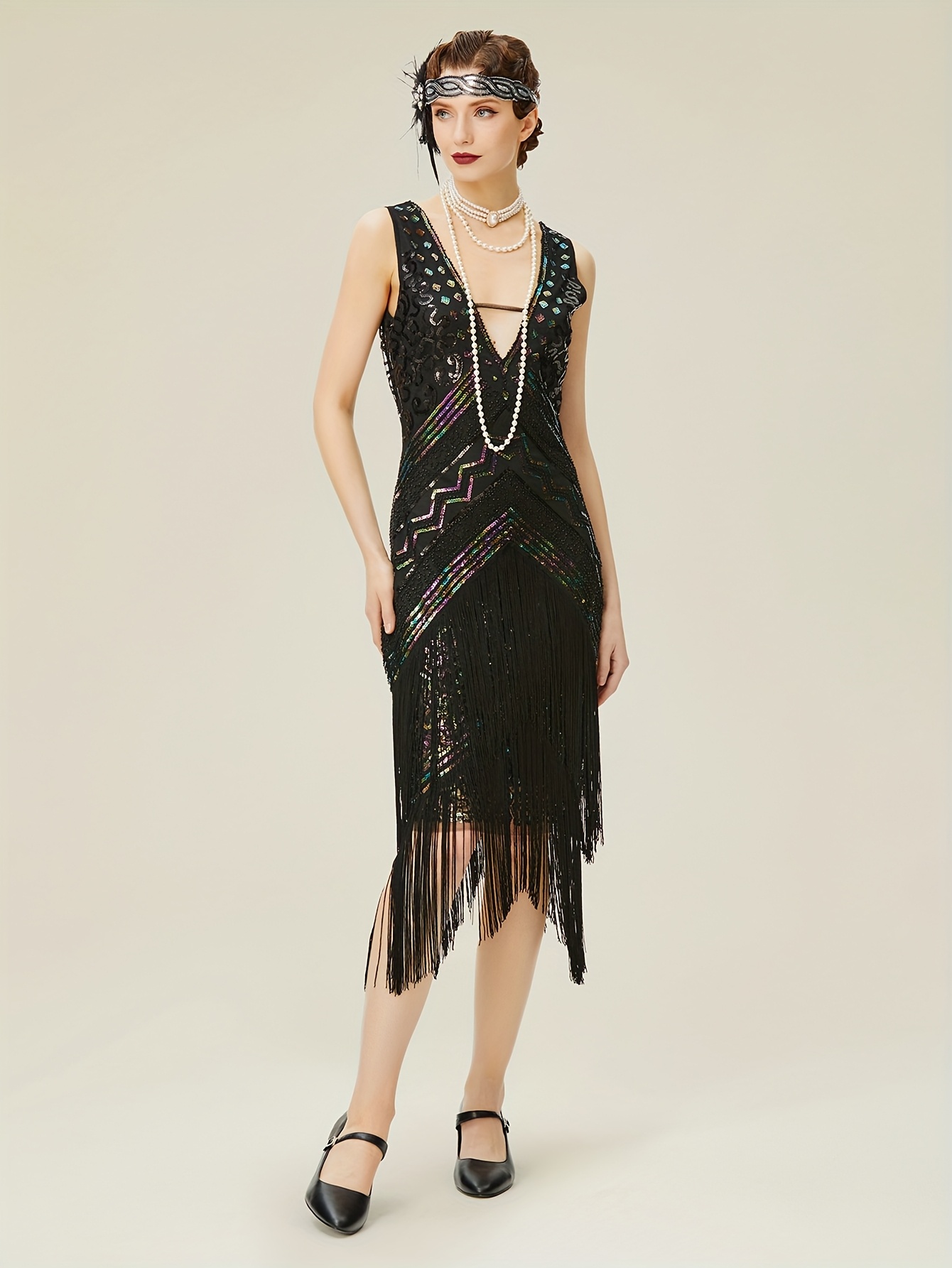 1920s flapper dress v neck sequin beaded dress roaring 20s - Temu
