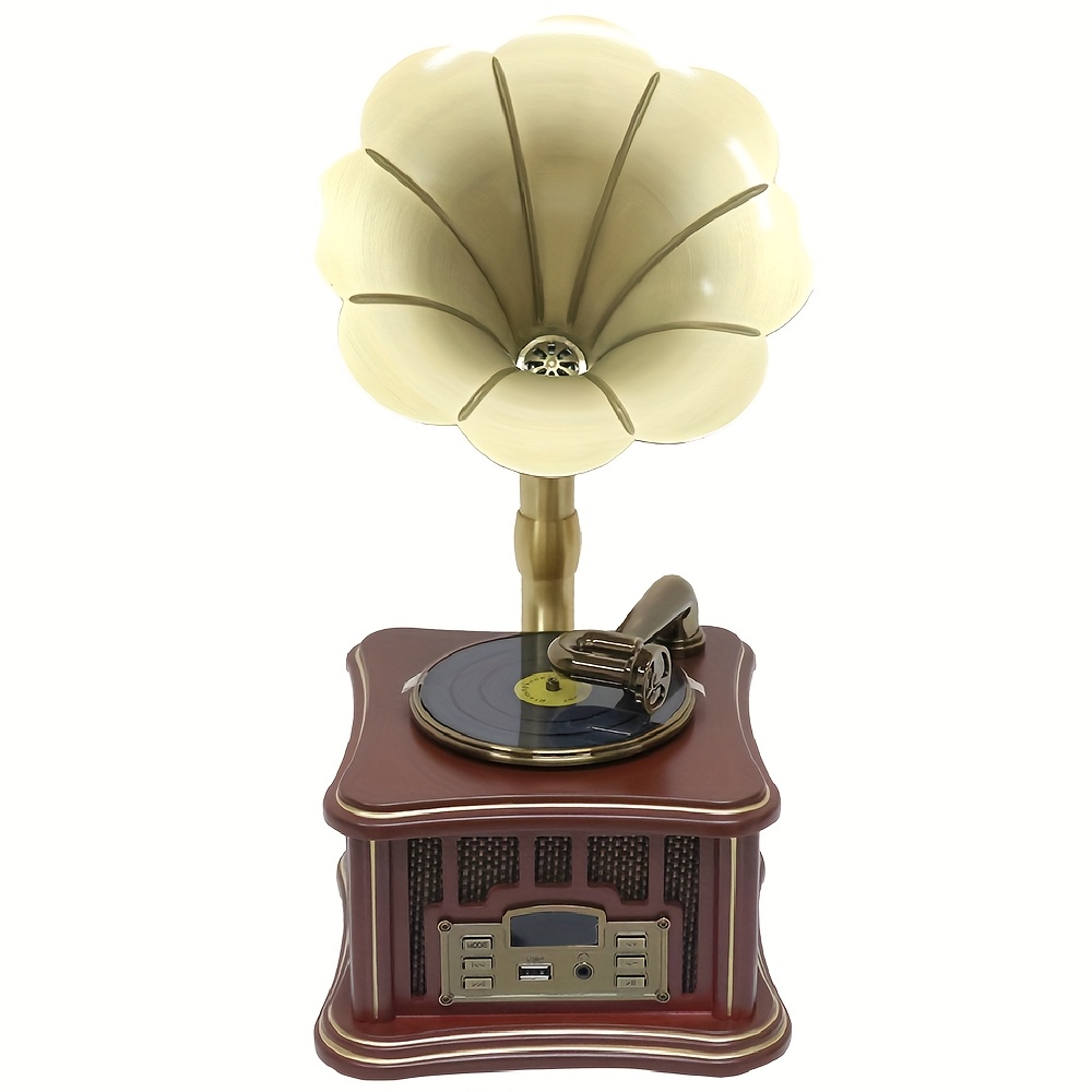 Image of Small Wooden Replica Of A , Designed Like A Gramophone, Featuring An Earphone Jack, Wireless , Stereo Speakers, Vintage-style Speakers, Auxiliary Input, Usb Port, In A Dark Brown End