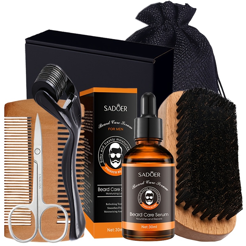Image of Men's Beard Grooming Kit, Beard Oil, Bristle Brush, 0.25mm Roller, Wooden Comb, Scissors, Beard Care, Beard Gift, Father's Day, Christmas, Birthday, Valentine's Day Gift, Beard Grooming Set For Men