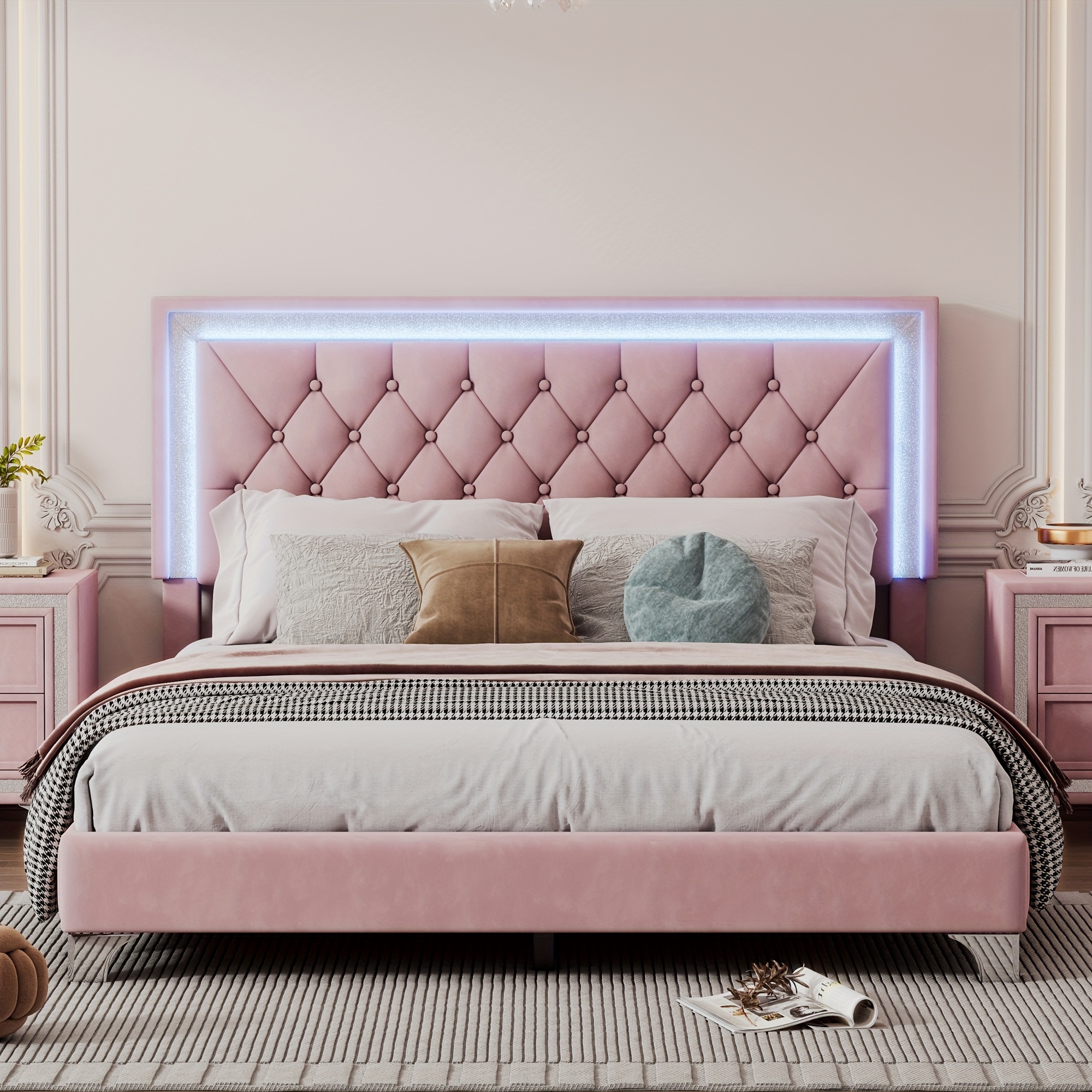 

Size Bed Frame, Modern Velvet Platform Bed With Tufted Headboard, Pink