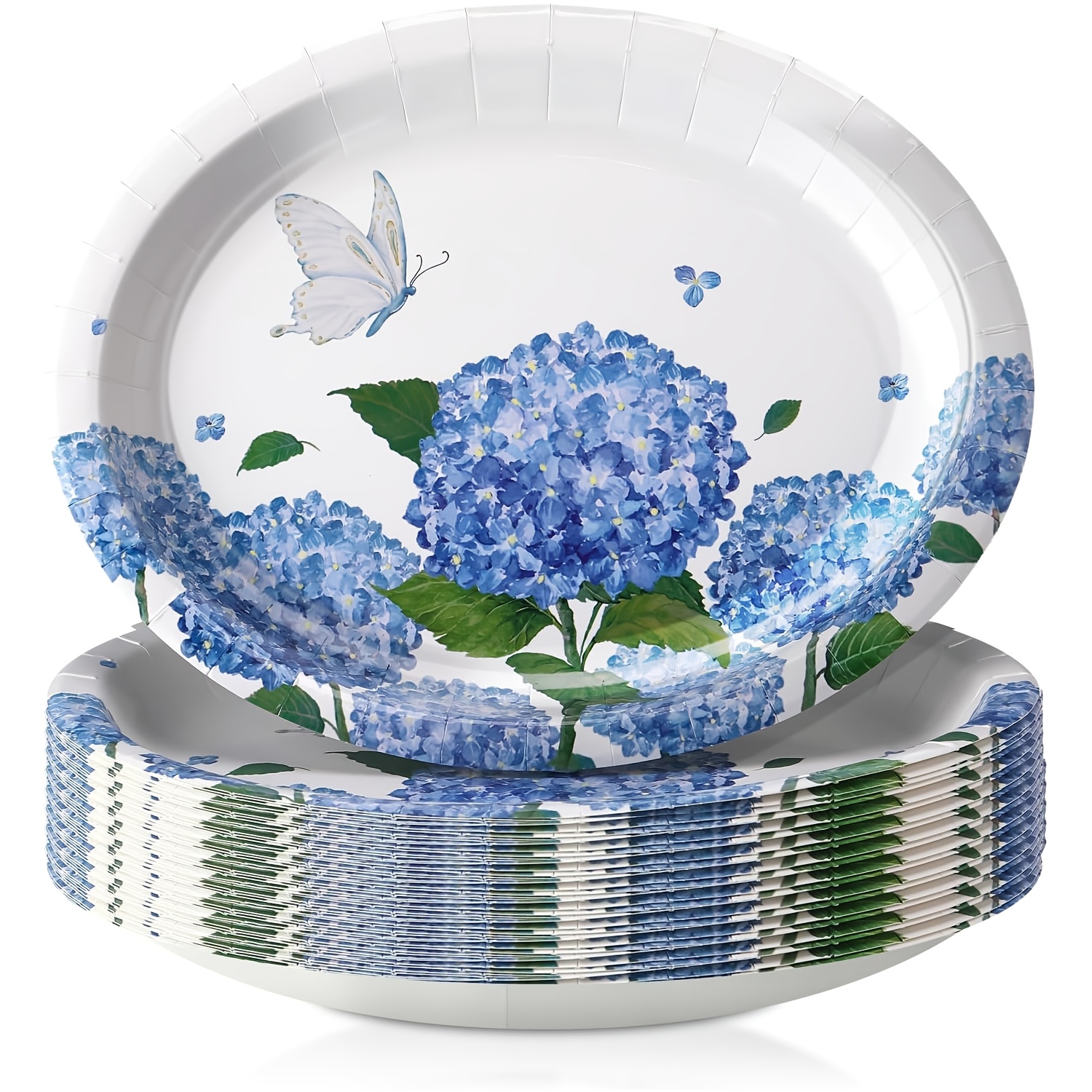 TEMU 60pcs 350gsm Super Strong Of Blue Hydrangea Oval Paper Plates, Large Size For Summer, 27.94cm/ 11 Inches, Disposable Flower Plate Decoration,