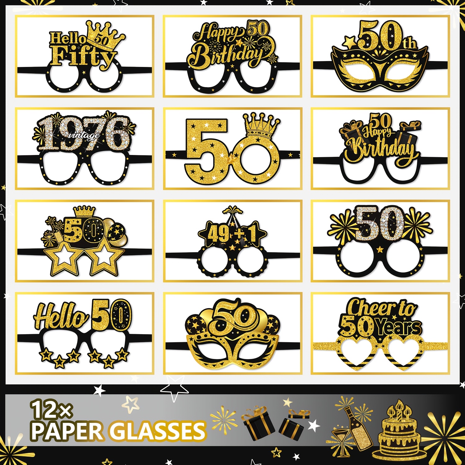 TEMU 12pcs 1976 50th Birthday Party Photo Booth Props Paper Eyeglasses, Black And Golden Retirement 50th Party For Men And Women, 12 Styles For Happy