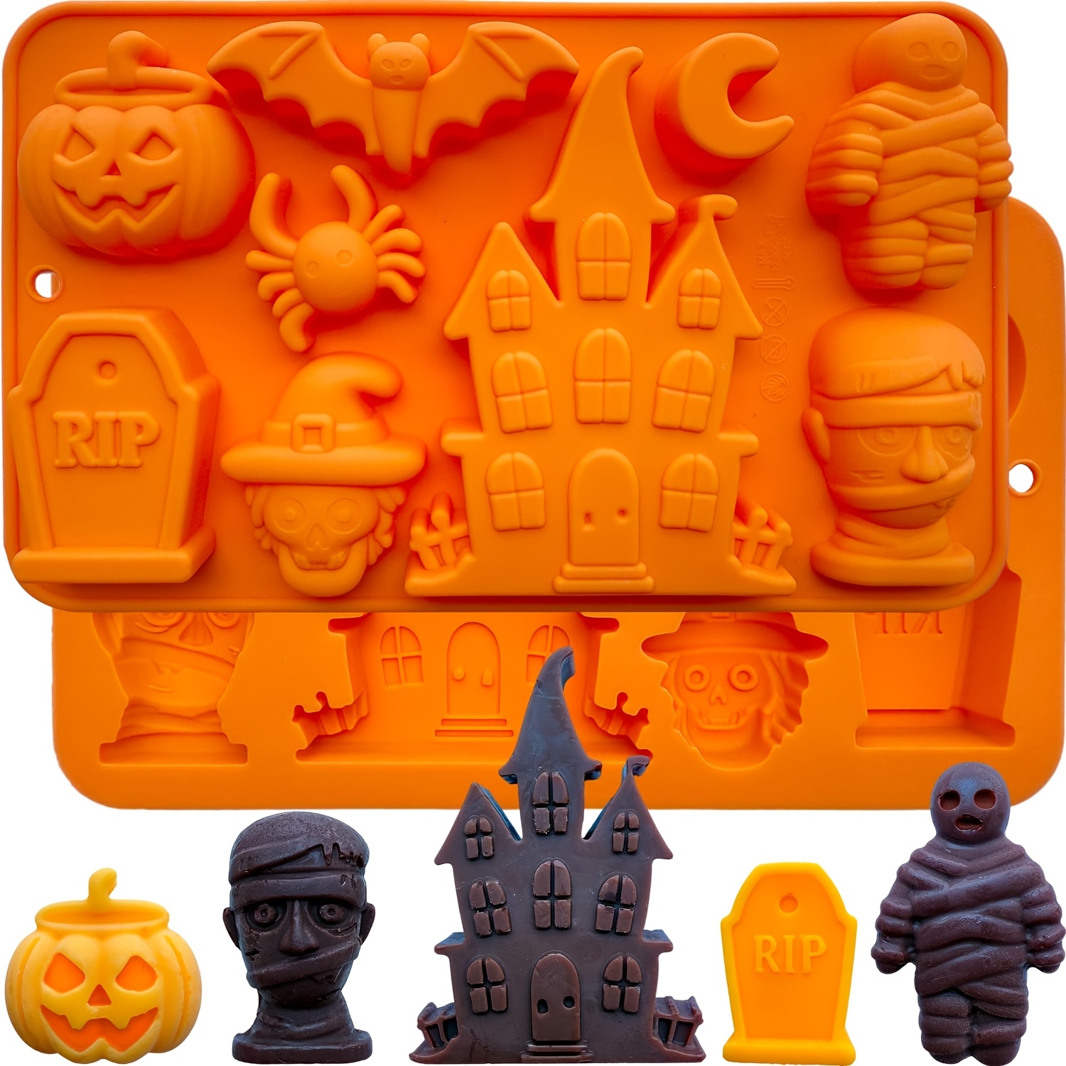 TEMU This Halloween Silicone Candy Mold Features A Of Halloween- Including Castles, Pumpkins, Zombies, Bats And Witches, And Is Ideal For Ices, Cake