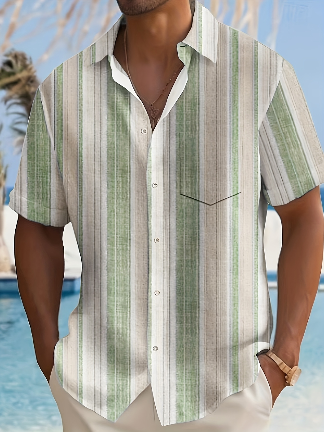 Men'S Casual Striped Short Sleeve Button-Up Shirt - Light Blue & White Vertical Stripes, Collar, Regular Fit Summer Casual Wear, Short Sleeve Button Blouses, PLUS SIZE