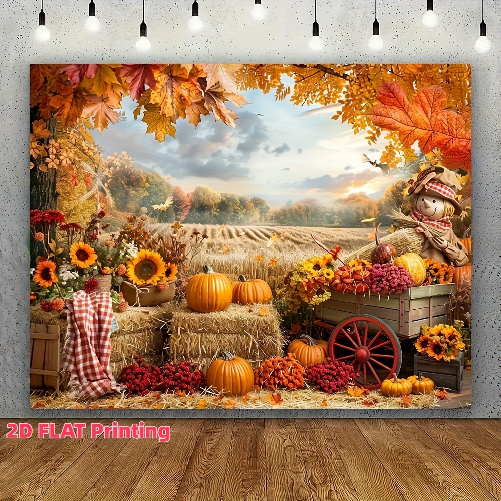TEMU 2d Flat, 2d Flat Banner, 1pc Autumn Thanksgiving Photo Backdrop - Vivid Autumn Pumpkin Harvest Scene With Wheat Field, Sunflowers, And Cartoon