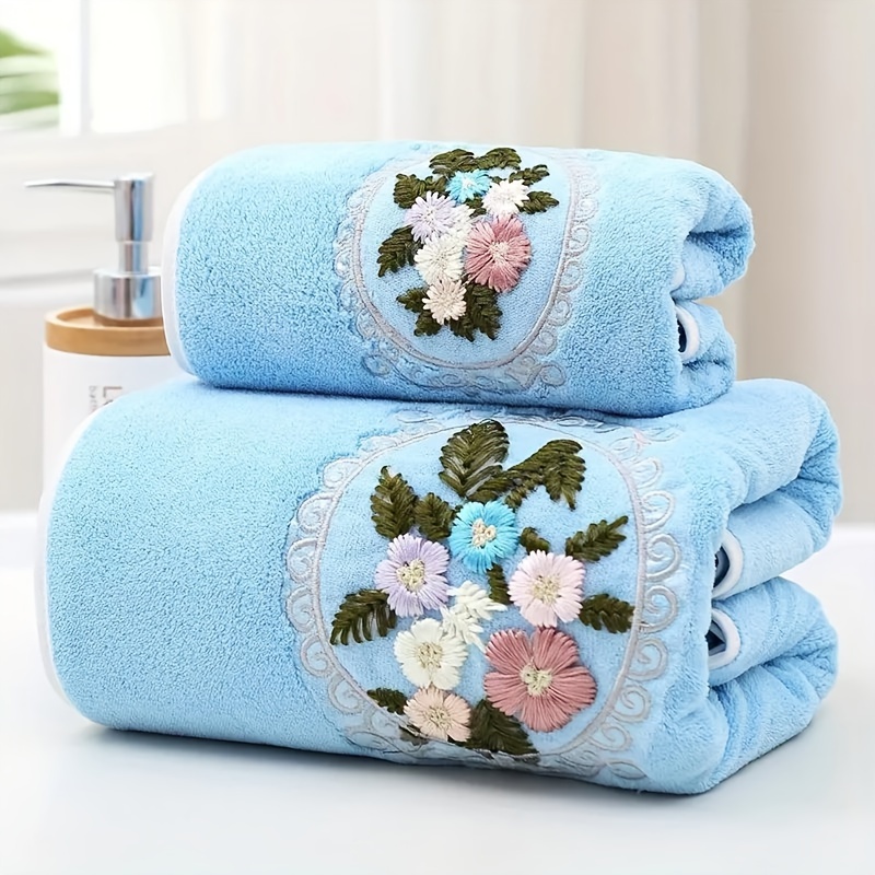 TEMU 2pcs Wongirl Coral Fleece Embroidered Towels - , Quick-dry, Absorbent, Skin-friendly, 1 Hand Towel & 1 Bath Towel Set, Ideal For Home Bathroom Use, Perfect Bathroom Accessories