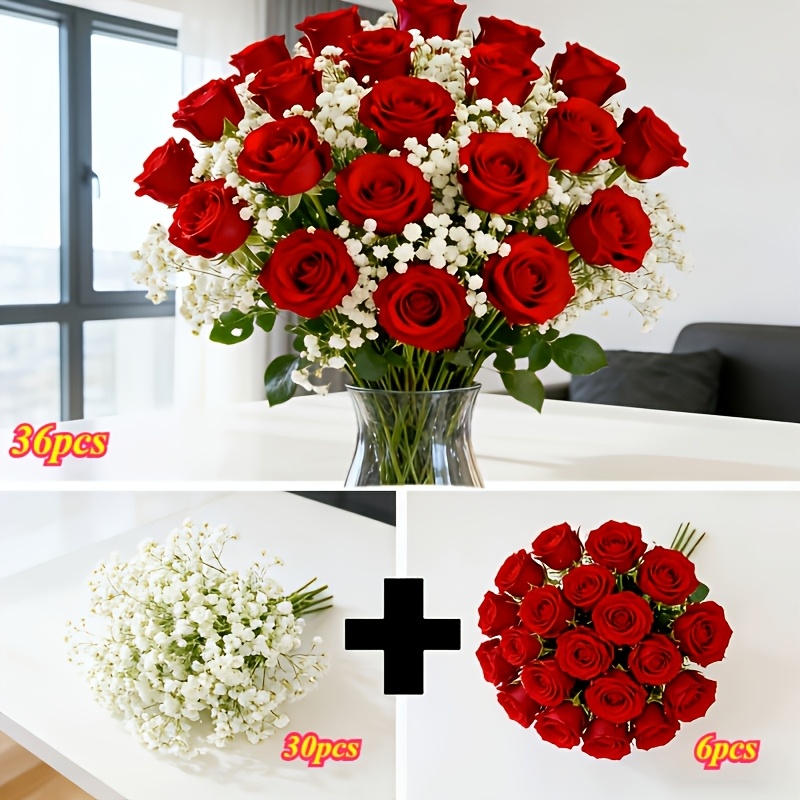 TEMU 36pcs Artificial Red Roses With Baby's Breath - Realistic Durable Plastic Wedding Bouquet, Maintenance-free Suitable For Weddings, Valentine's