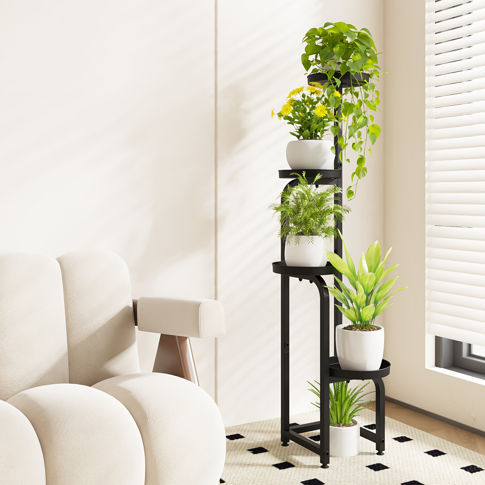 Image of Tall Plant Stand Indoor Outdoor, Corner Metal Flower Pot Stands For Multiple Plants, 4 Tier Heavy Duty Plant Shelf For Patio Garden Room Bedroom