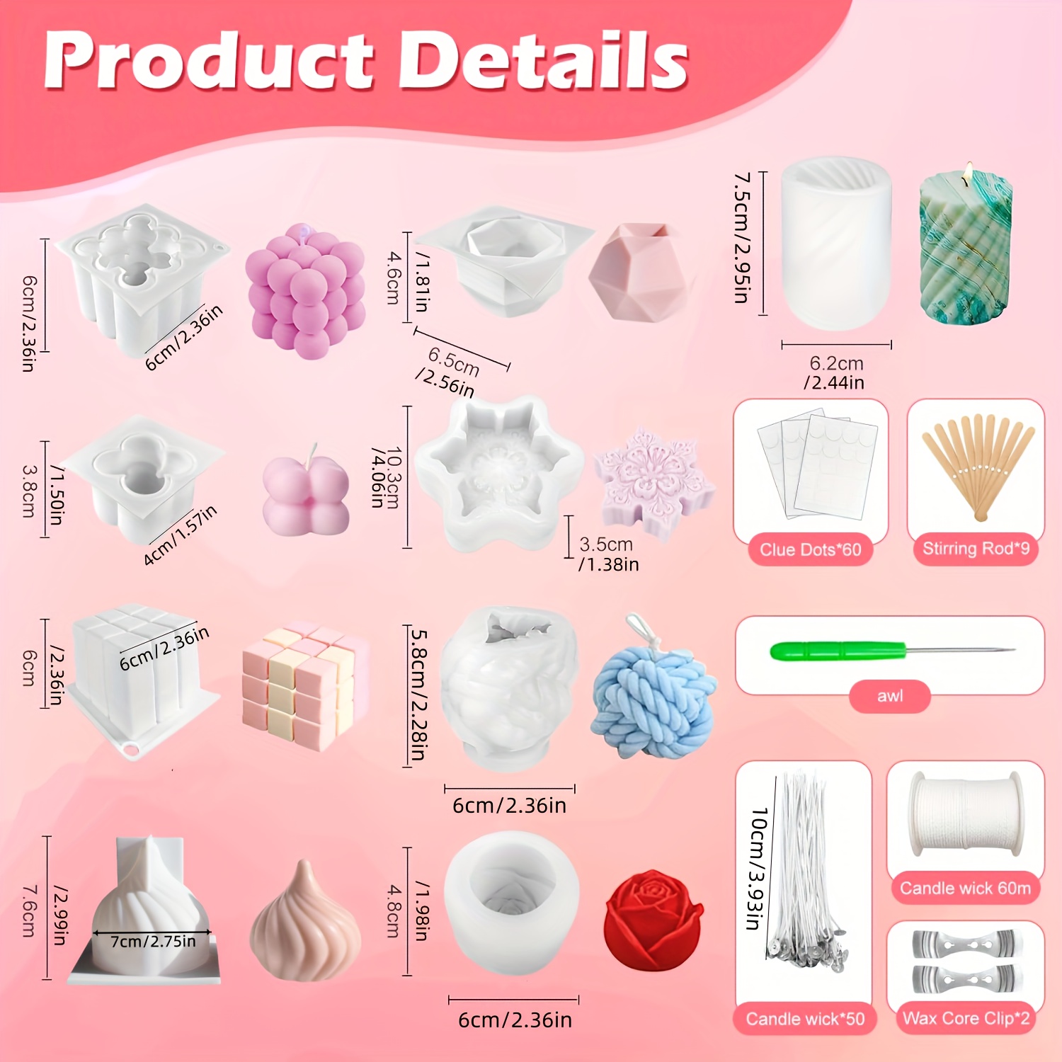 E-shop 9er-Pack Kerzen Silikonform Blasenkerzen Form Set, 3D Silikonform Kerzen Gießformen mit 61M Kerzen Docht Set, mit Verschiedenen Zusätzen,