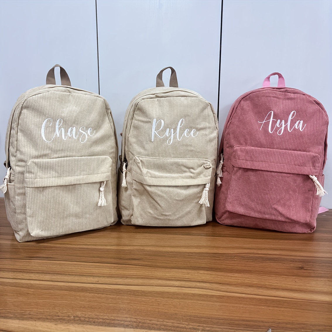 

Customized Name Solid Color Large Campus Schoolbag, Custom Boys Girls Corduroy Backpack Gift Backpacks