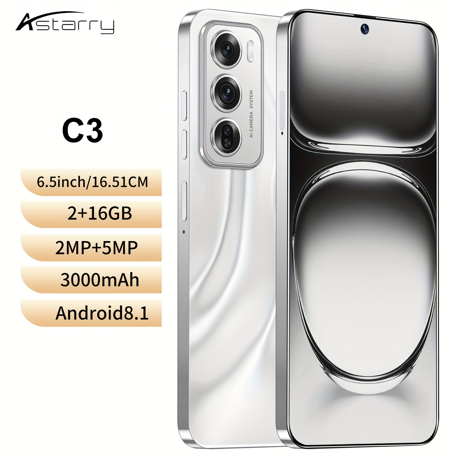 ASTARRY C3 Smartphone, 6.5-inch IPS Display, 2GB RAM, 16GB ROM, 4-Core Processor, 3G, Dual SIM, 2MP Front Camera, 5MP Rear Camera, 3000mAh Battery, Android 8.1, USB Type-C, Wi-Fi, 720p Video, 720x1280 Resolution, Touchscreen, Unlocked - 2024 Model Year