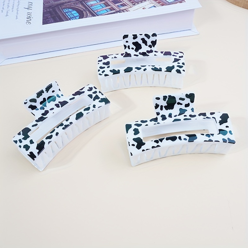 

3pcs Set Elegant Cow Print Hair Claw Clips - Large, Non-slip Acrylic Barrettes For Women And Girls - Chic & Cute Hair Accessories