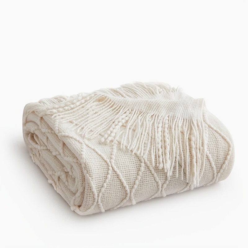 Image of Gift Throw Blanket For Couch, Soft Lightweight Decorative Acrylic Boho Bed Throw Blankets And Throws, Farmhouse Warm Blanket With Tassel For Travel, Sofa, Bedroom
