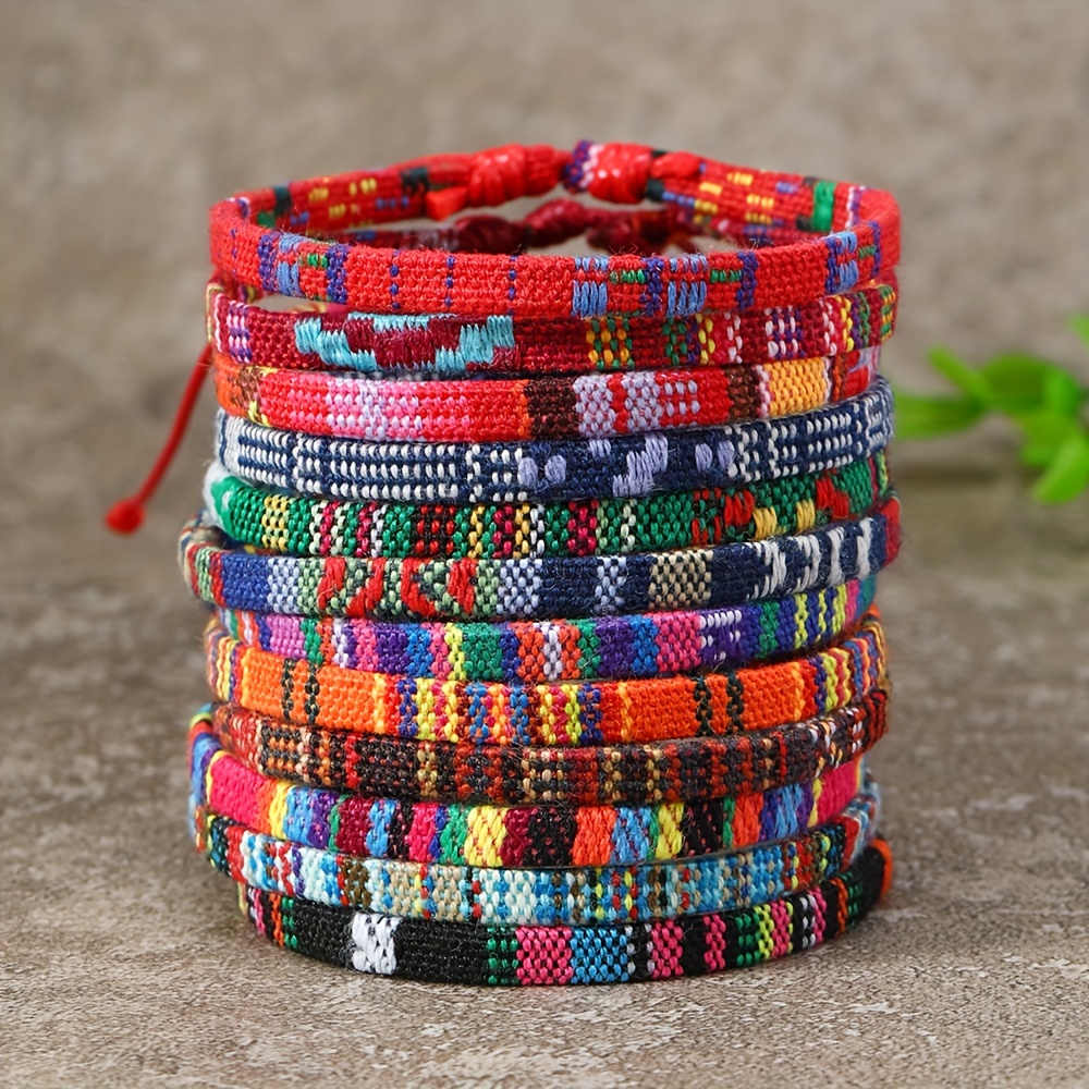 

Bohemian Style Cotton Rope Friendship Bracelet Set, 12-piece Assorted Colorful And Adjustable Cord Set For Men