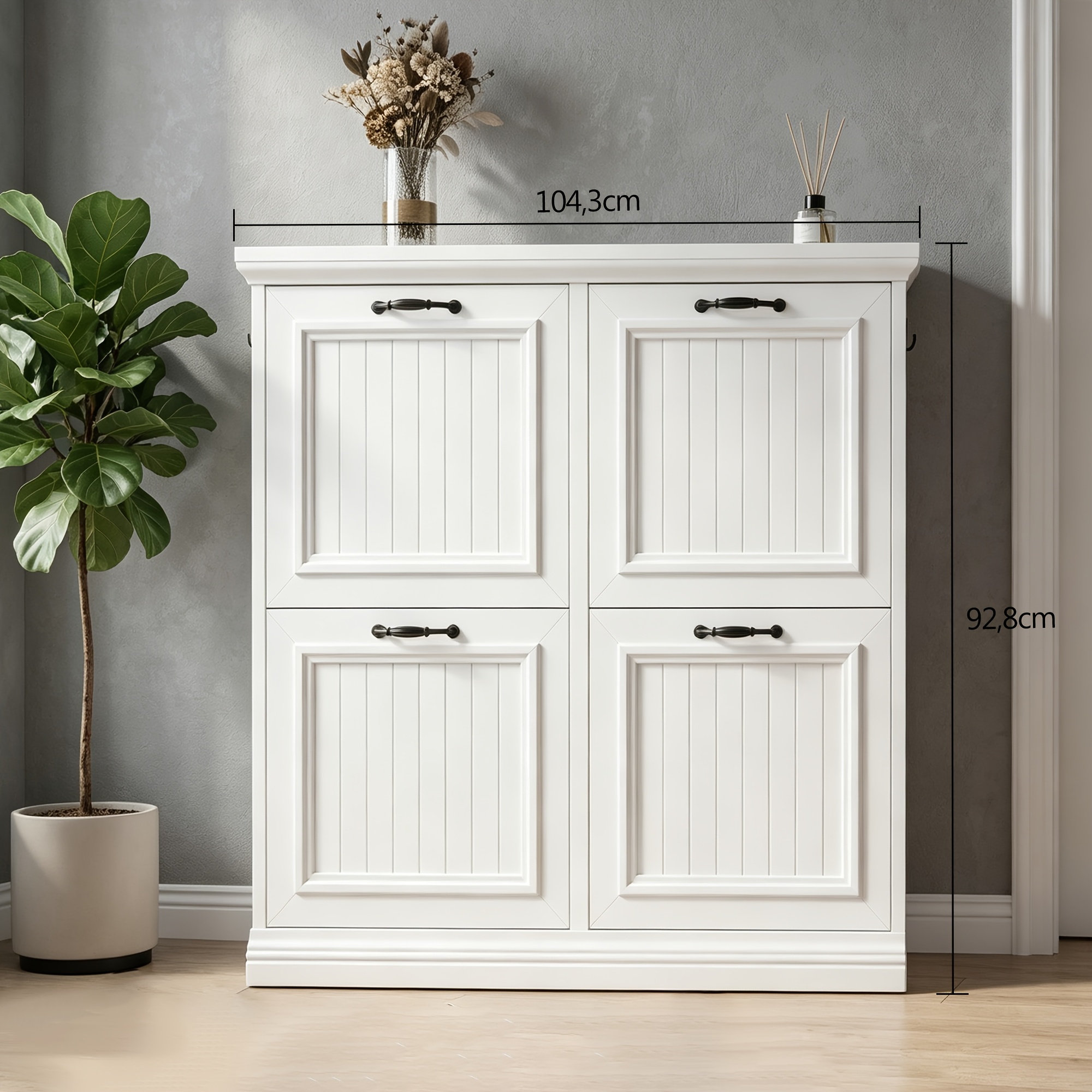 Style Four-drawer Shoe Cabinet, 26.3 X92.8 X 104.3cm, Wood Grain Exterior, Adjustable Shelves, Capacity For 16-18 Pairs Of Shoes, Suitable For Entryway Or Hallway.