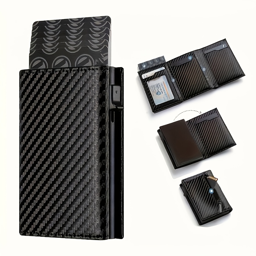 TEMU Modern Pop-up Wallet Fiber And Red Aluminum Credit Card Holder, Rfid Blocking Metal Card Sleeve With Microfiber Slot, Lightweight Coin Purse For