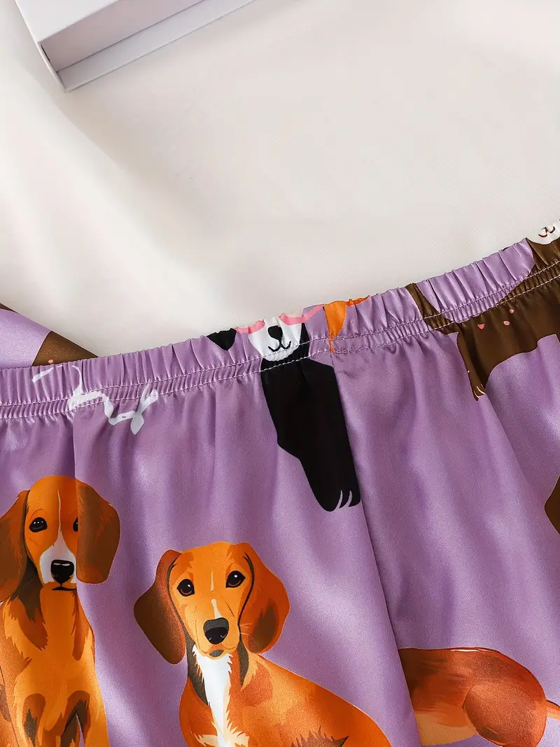 ladies two piece satin pajamas set with purple puppy pattern ladies two piece short sleeved stand up collar top with shorts ladies pajamas for two piece womens set Product details 3