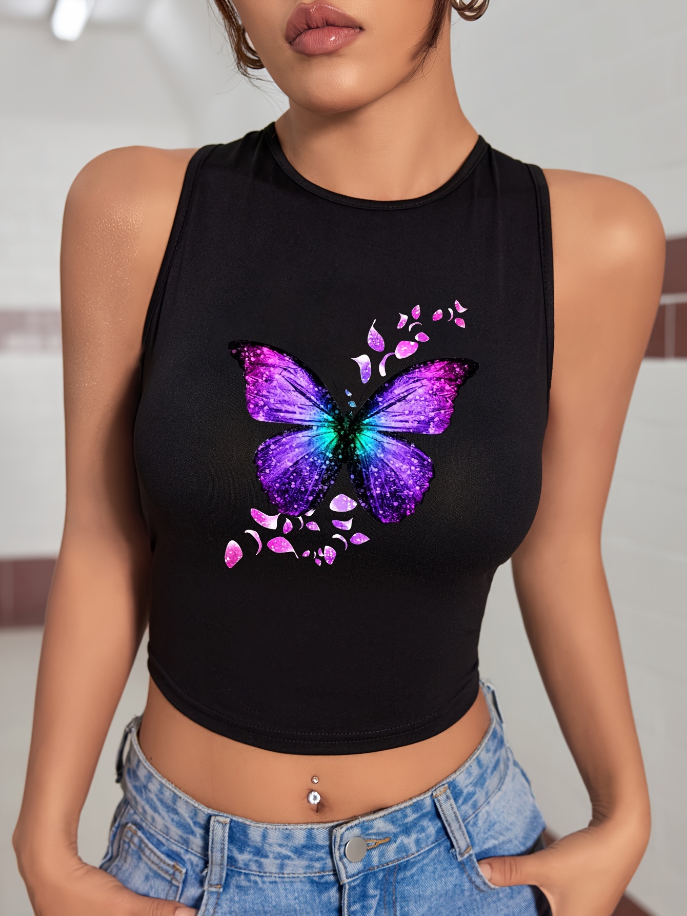Summer Crop Top Tanks Tops Cute Sexy Streetwear Sleeveless Butterfly Print  Vest 