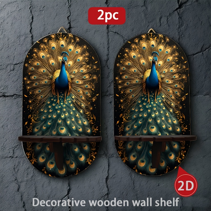 TEMU 2pcs Wooden Wall-mounted Candle Holder Shelves, Multifunctional Wall Storage Display Rack With Exquisite 2d Peacock Display Pattern, Decorative