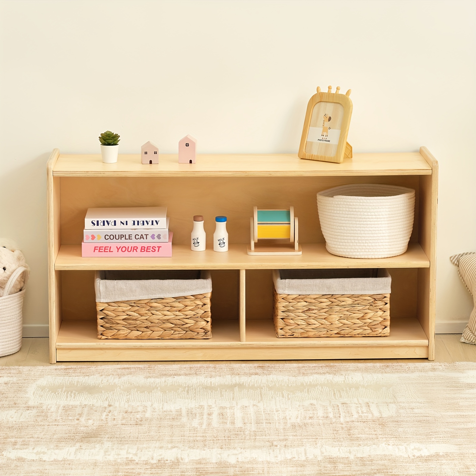 Large Wood Storage Organizer, 2-Shelf Wood Bookshelf, 5-Section... product image 11