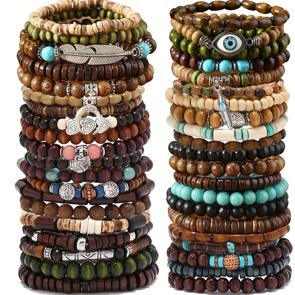 

41pcs Fashion Bracelet Set - Elegant Wooden Beads With Butterfly, Heart & Evil Eye Charms For Casual Attire