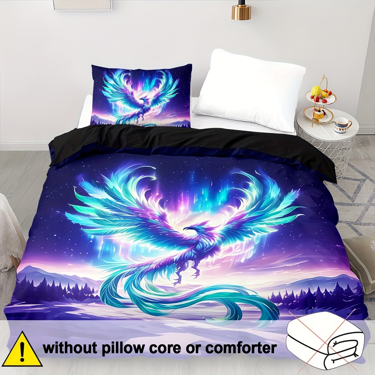 E-shop 2/3-teiliges weiches, bequemes Bettbezug-Set, blaues Phönix-Bettwäsche-Set in Queen-Size, magischer Vogel-Druck Bettwäsche,