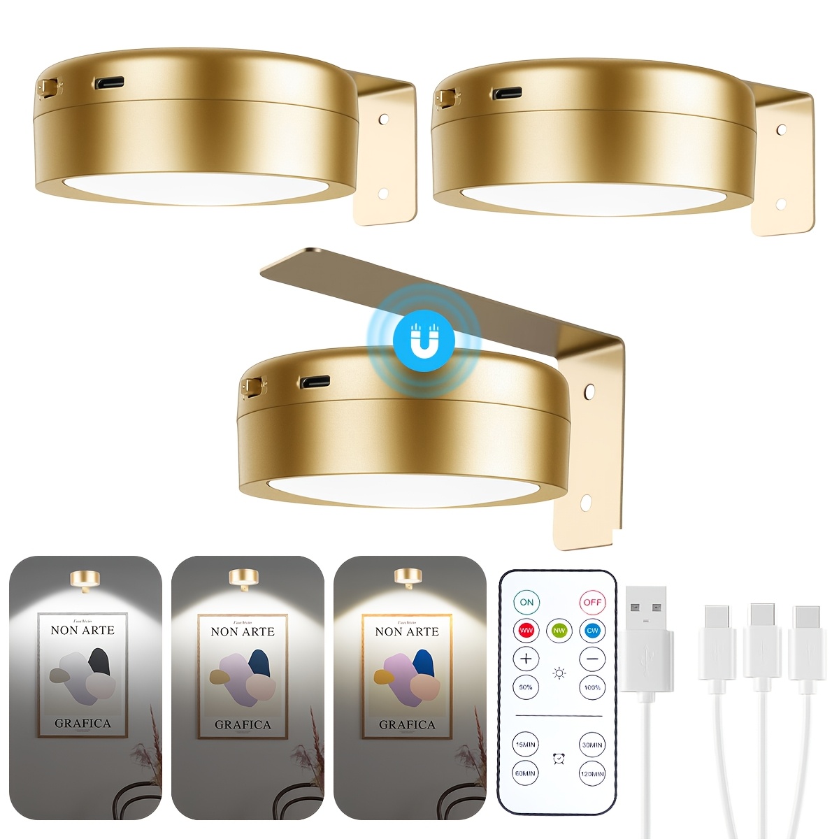 TEMU 3pcs Modern Rgb Color-changing Suitable For Wall, Rechargeable Battery- Magnetic Track Lighting With Remote, Dimmable Timer & 13-color For