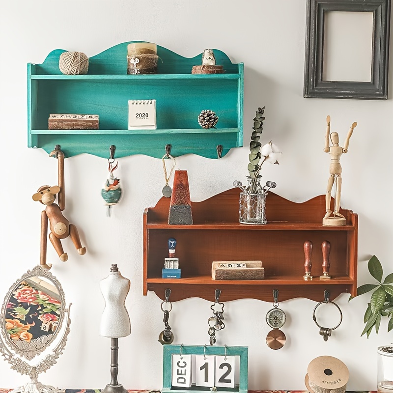 vintage style wooden floating shelves hooks wall mounted Temu - Main Image